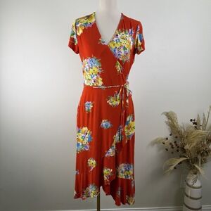 Ralph Lauren Dress Size Medium Red Floral Faux Wrap Short Sleeve Ruffle Stretch